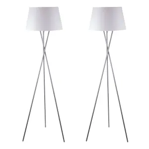 First Choice Lighting Pair Grey Tripod Floor Lamp with White Fabric Shade