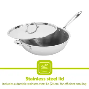 Royalford Triply Stainless Steel Wok Pan with Lid, Long Handle Deep Stir Fry Pan with Induction Base 24cm