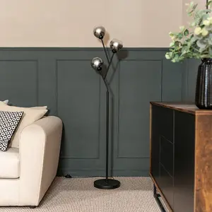 ValueLights Aria Black Metal 3 Way Standing Floor Lamp with Smoked Glass Lampshades - Bulbs Included