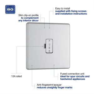 BG Electrical FBS54 Nexus Screwless Flat-Plate Unswitched Fused Connection Spur Unit Brushed Steel 13A