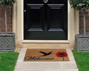 Coco&Coir Natural Coir Eco-Friendly Indoor Outdoor Heavy Duty Flower Theme Entrance Door Mat 45 x 75 cm POPPY NECTAR