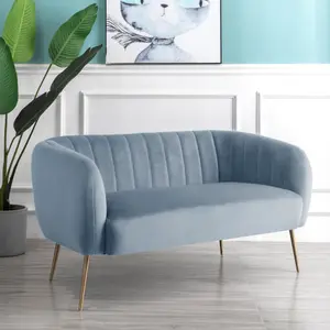 Matilda 137cm Wide Light Blue Ruched Back Velvet 2 Seat Sofa with Brass Coloured Steel Legs