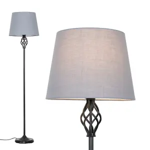 ValueLights Memphis Traditional Style Black Barley Twist Floor Lamp with Grey Light Shade