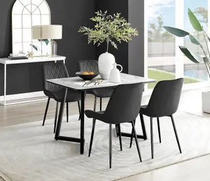 Carson 4 Seater White Marble Effect Rectangular Scratch Resistant Dining Table with 4 Black Pesaro Velvet Black Leg Chairs