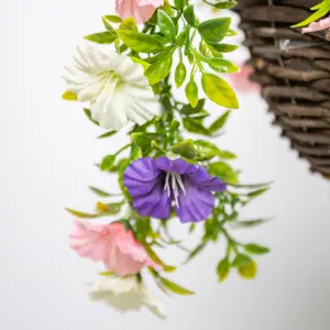 Artificial Petunia Flowers Rattan Hanging Basket Decoration Pink Purple & White 25cm