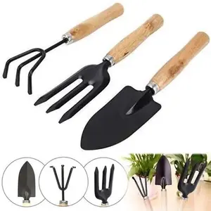 3pc Wood Wooden Gardening Garden Hand Tool Set Cultivator Fork Trowel Shovel Kit