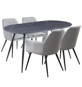 Hallowood Furniture Cullompton Large 160cm Oval Table, Grey Marble Effect Top, with 4 Grey Fabric Arm Chairs