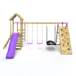 Rebo Wooden Climbing Frame with Swings, Slide, Up & over Climbing wall and Monkey Bars - Pyrennes Pink