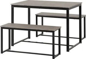 Lincoln Dining Table and 2 Bench Set Stone Effect and Black