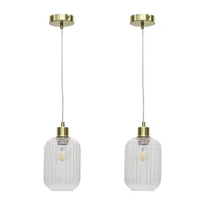 First Choice Lighting Set of 2 Batley Clear Ribbed Glass with Satin Brass Pendant Fittings