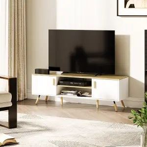 140 x 40 x 45cm TV Stand with Doors and Open Shelves White and Natural