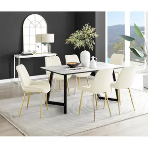 Industrial Design White & Grey Marble Effect Melamine Dining Table Set with 6 Luxury Velvet Chairs Cream/Gold