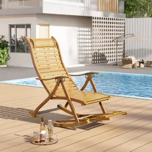 Foldable Adjustable Bamboo Indoor and Outdoor Recliner Chair Sun Lounge Rocking Chair with Retractable Footrest