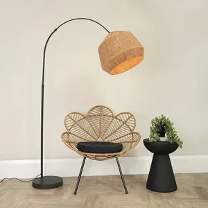 ValueLights Louis Black Arched Curved Floor Lamp with Natural Rope Dome Lamp Shade