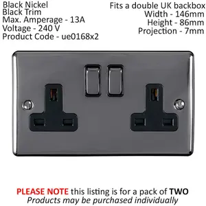 2 PACK 2 Gang Double UK Plug Socket BLACK NICKEL 13A Switched Power Outlet