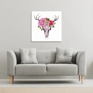 Deer animal skull with flowers and feathers (Canvas Print) / 101 x 101 x 4cm