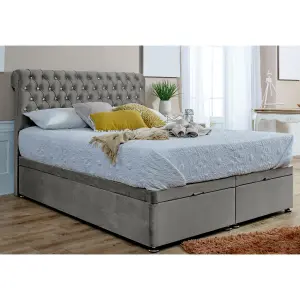 Santino Divan Ottoman Plush Bed Frame With Chesterfield Headboard - Silver