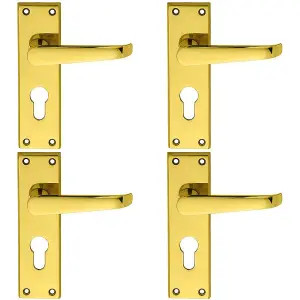 4 PACK - Straight Victorian Latch & EURO Lock Door Handle Polished Brass Lever Backplate