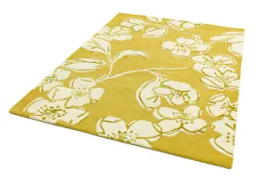 Yellow Easy to Clean Floral Handmade Modern Wool Rug for Living Room, Bedroom - 120cm X 170cm