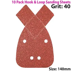 10 PACK 40 Grit Aluminium Oxide 2 Tip Detail Sanding Sheets 140mm Hook & Loop