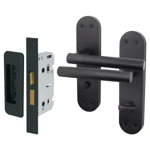 AFIT Black Bathroom Door Handle Set - 1 Pair of Internal T-Bar Handles on Backplate with Lock (64mm) - Olvera Range