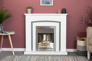 Adam Chilton Fireplace in Pure White & Grey with Helios Electric Fire in Brushed Steel, 39 Inch