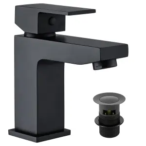 Matt Black Square Thermostatic Overhead Shower Kit with Form Basin Tap, Bath Filler, and Pop Up Bath Waste