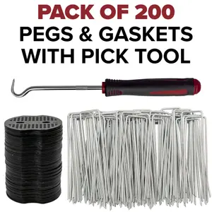 Pack of 200 weed matting hold down pegs with 200 buffer plates+removal tool