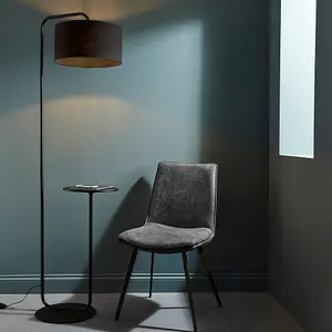 Satin Black Floor Lamp with Side Table - 1750mm Height - 38cm Black Fabric Shade