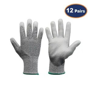 Safety Work Gloves Large Size Grey MR Cut Resistance PU Palm Hands Glove 12Pcs