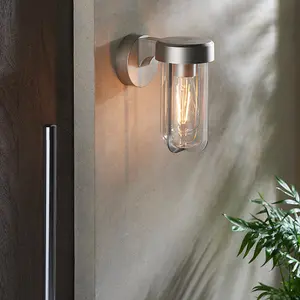 Brushed Silver Outdoor Wall Light with Clear Glass Shade - IP44 Rated - LED Bulb