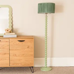 ValueLights Bobbins Sage Green Floor Lamp with Ruched Pleated Green Drum Shade and LED Bulb