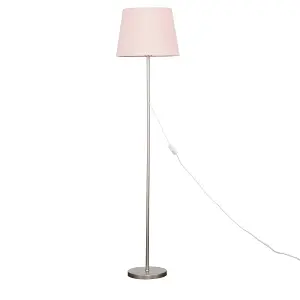 ValueLights Modern Floor Lamp In Brushed Chrome Metal Finish With Pink Shade