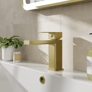 Square Mono Basin Mixer Bathroom Sink Tap & Push Button Waste - Brushed Brass - Balterley