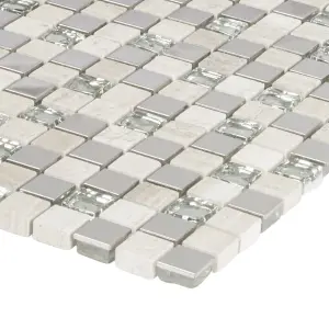 Mecine Grey Gloss Stone effect Glass, natural stone & stainless steel Mosaic tile, (L)300mm (W)300mm