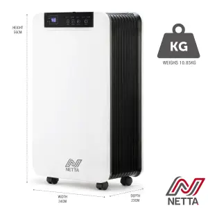 NETTA 12L Low Energy Dehumidifier with Continuous Drainage and Timer - Ideal for Damp, Condensation and Laundry Drying