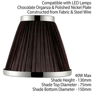 6" Luxury Round Tapered Lamp Shade Brown Pleated Organza Fabric & Bright Nickel