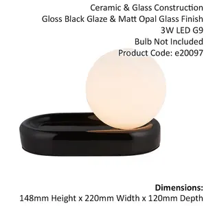 Gloss Black Designer Ceramic Base Table Lamp Light & Opal Sphere Glass Shade