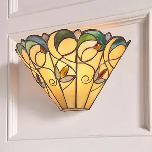 Tiffany Glass Floral Design Wall Light - Matt Black Steel - Dimmable LED Lamp