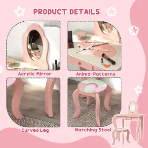 ZONEKIZ Kids Dressing Table with Mirror Stool Drawer, Cute Animal Design, Pink