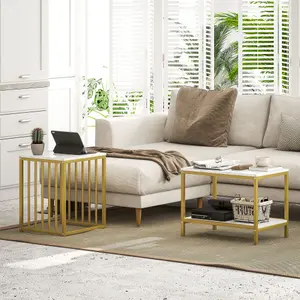 HOMCOM Modern Coffee Table Set of Two w/ Steel Frame Marble-Effect Gold Tone