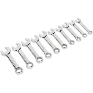 10-Piece Stubby Combination Spanner Set - 10mm to 19mm - 12 Point Short Handled Ring Tools