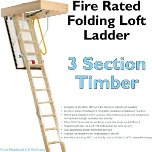 3 Section FIRE RATED Folding Loft Ladder & Handle Hatch & Frame 2.75m Height