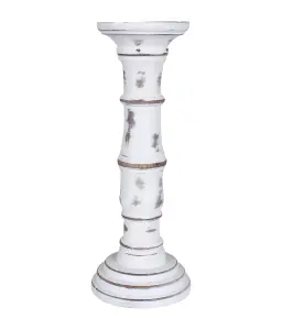 Rustic Antique Carved Wooden Pillar Church Candle Holder Antique White, Large 31cm high