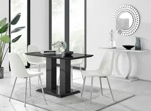 Furniturebox Imperia 4 Modern Black High Gloss Dining Table and 4 White Corona Silver Leg Chairs