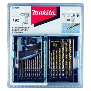 Makita 19 Piece HSS TiN Metal Steel Drill Bit Set Titanium 1-10mm Bits + Case