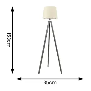 ValueLights Barbro Grey Wood Tripod Floor Lamp with Natural Linen Scallop White Edge Shade and LED Bulb