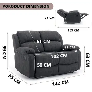 2 Seater Recliner Sofa, Manual Recliner Armchair Sofa 105 to 135 Degrees Recliner Padded Sofa - 2 Seaters