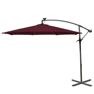 SunDaze 3M Wine Red LED Garden Patio Cantilever Banana Hanging Umbrella, Parasol Base & Weather Protective Cover