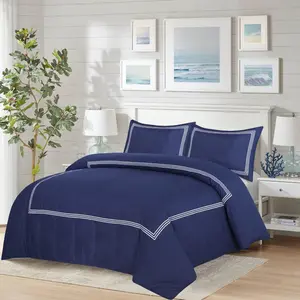 My Home Store Junco Microfiber 3 Piece Luxury Bratta Stitch Duvet Cover Sets With Pillowcase Navy Blue/White / Single - 1 Standard Pillowcase